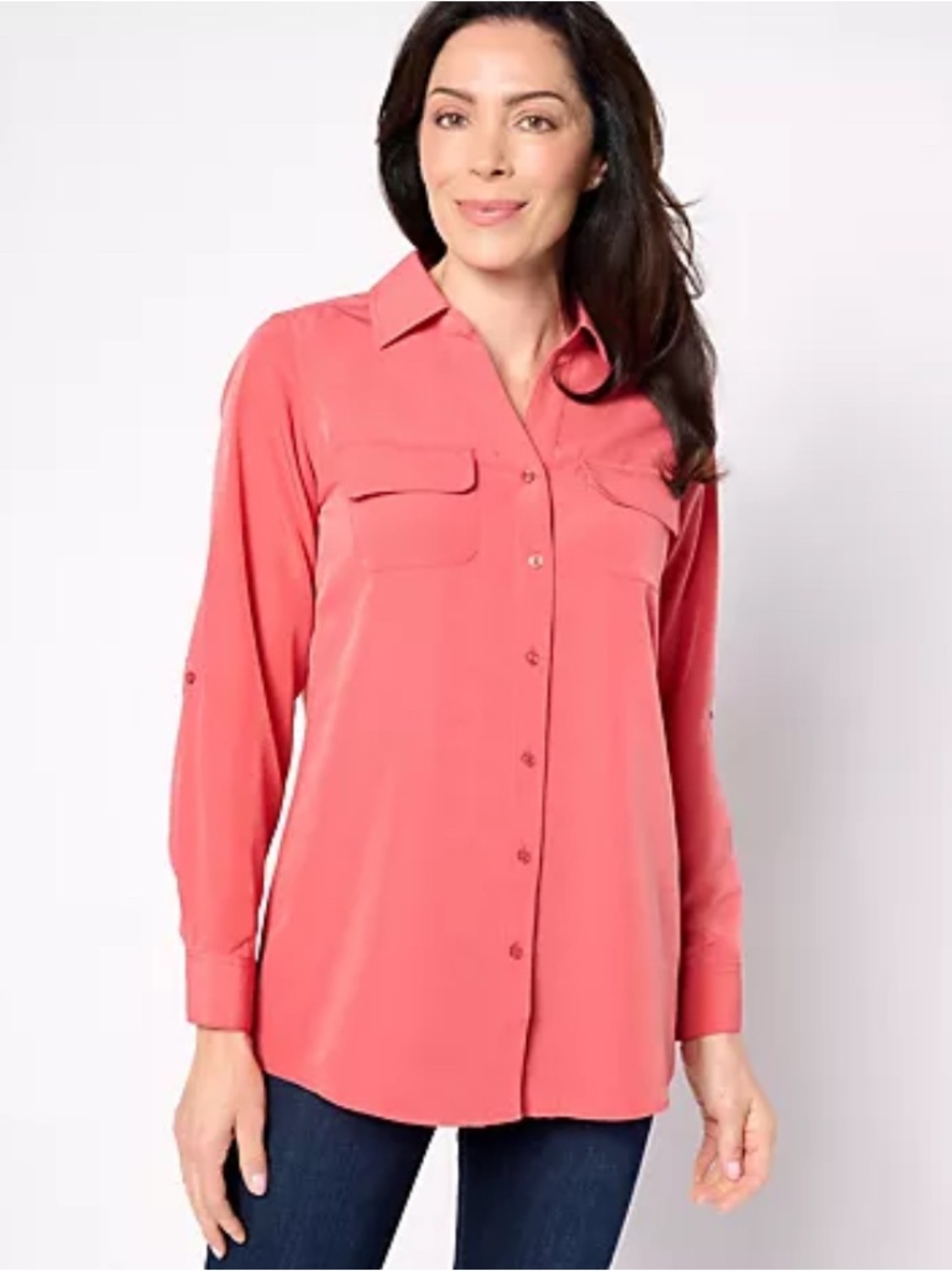 Women’s Coral Button-Down Shirt with Chest Pockets